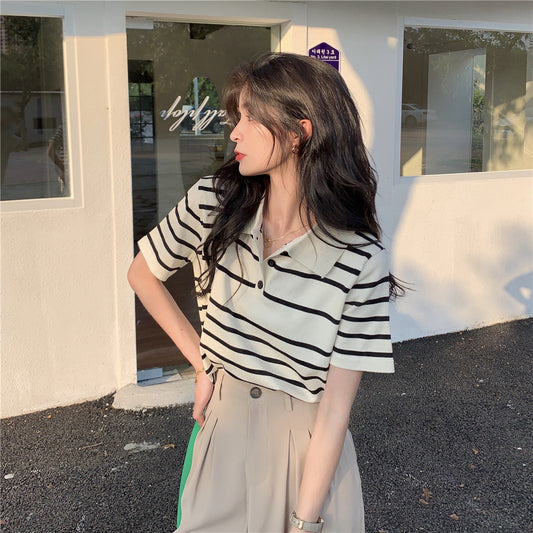 配闊腿褲的上衣女2023新款夏日系正肩polo衫法式條紋短袖冰絲T恤